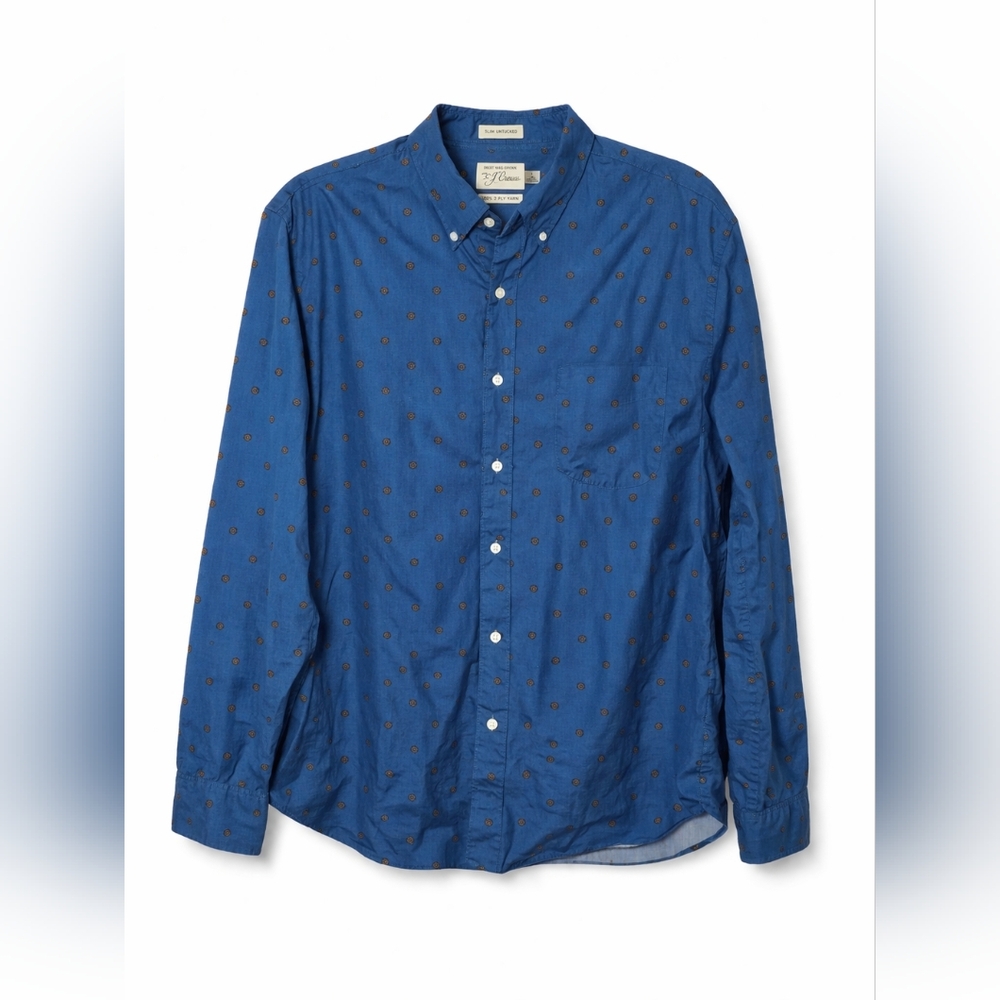 J.Crew Slim Untucked Blue Button Down Shirt Brown Dot Pattern Men’s L Casual